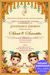 Traditional Twin Boys Annaprashan Ceremony Invitation with Cream Theme and Cute Cartoon Background