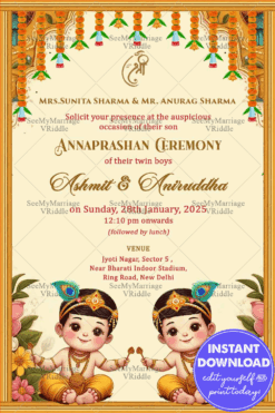 Traditional Twin Boys Annaprashan Ceremony Invitation with Cream Theme and Cute Cartoon Background
