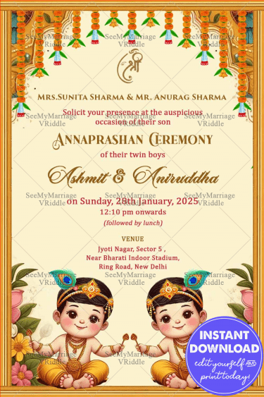 Traditional Twin Boys Annaprashan Ceremony Invitation with Cream Theme ...