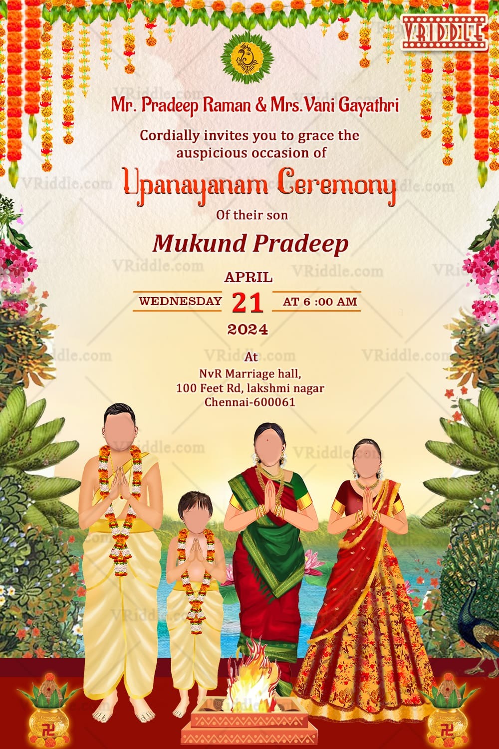 Traditional Upanayanam Ceremony Invitation with Cute Family Caricature Background