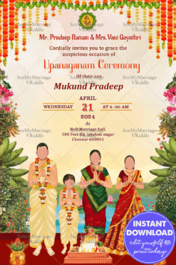 Traditional  Upanayanam Ceremony Invitation with Cute Family Caricature Background