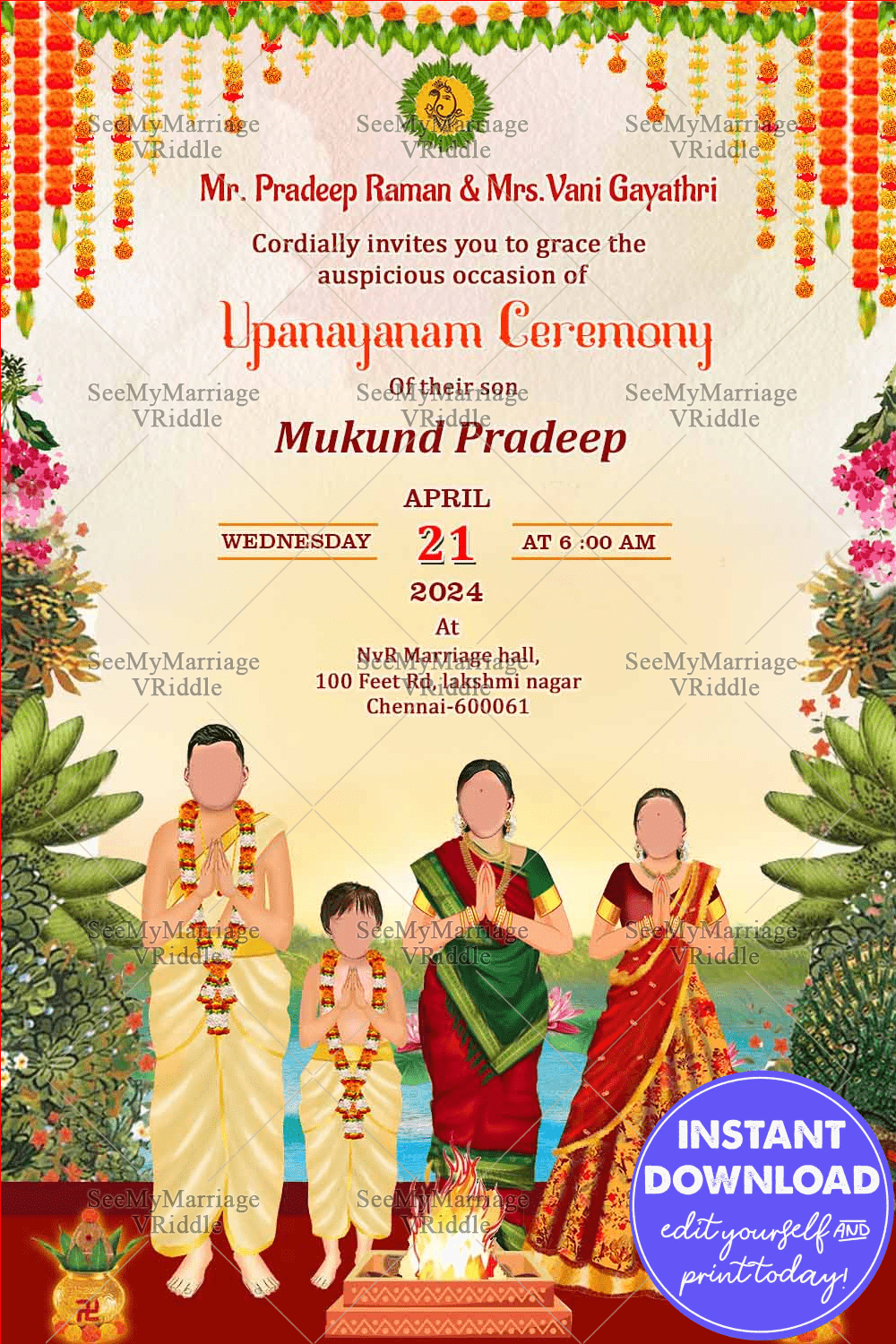 Traditional Upanayanam Ceremony Invitation with Cute Family Caricature Background