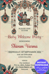 Vibrant Baby Welcome Party Invitation with Peacock Feathers Theme Background