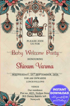 Vibrant Baby Welcome Party Invitation with Peacock Feathers Theme Background
