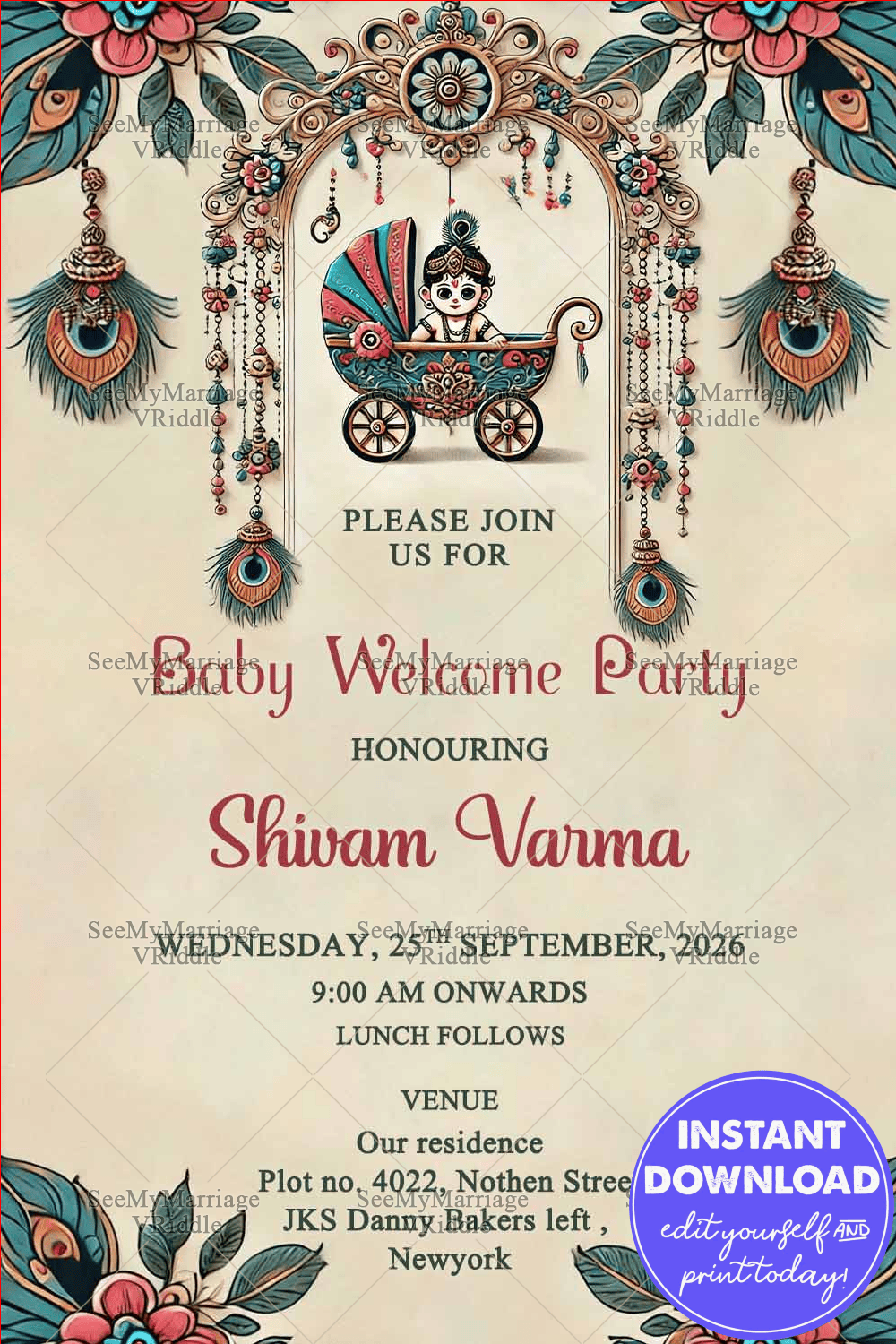 Vibrant Baby Welcome Party Invitation with Peacock Feathers Theme Background