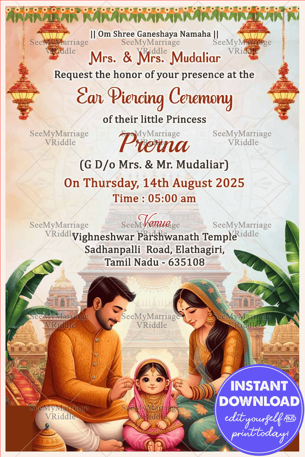 Vibrant Ear Piercing Ceremony Invitation with Cute Family Illustration and Lanterns Decor Background