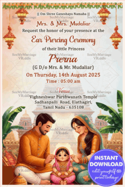 Vibrant Ear Piercing Ceremony Invitation with Cute Family Illustration and Lanterns Decor Background