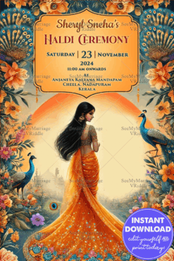 Vibrant Haldi Ceremony Invitation with Peacock Theme and Floral Background