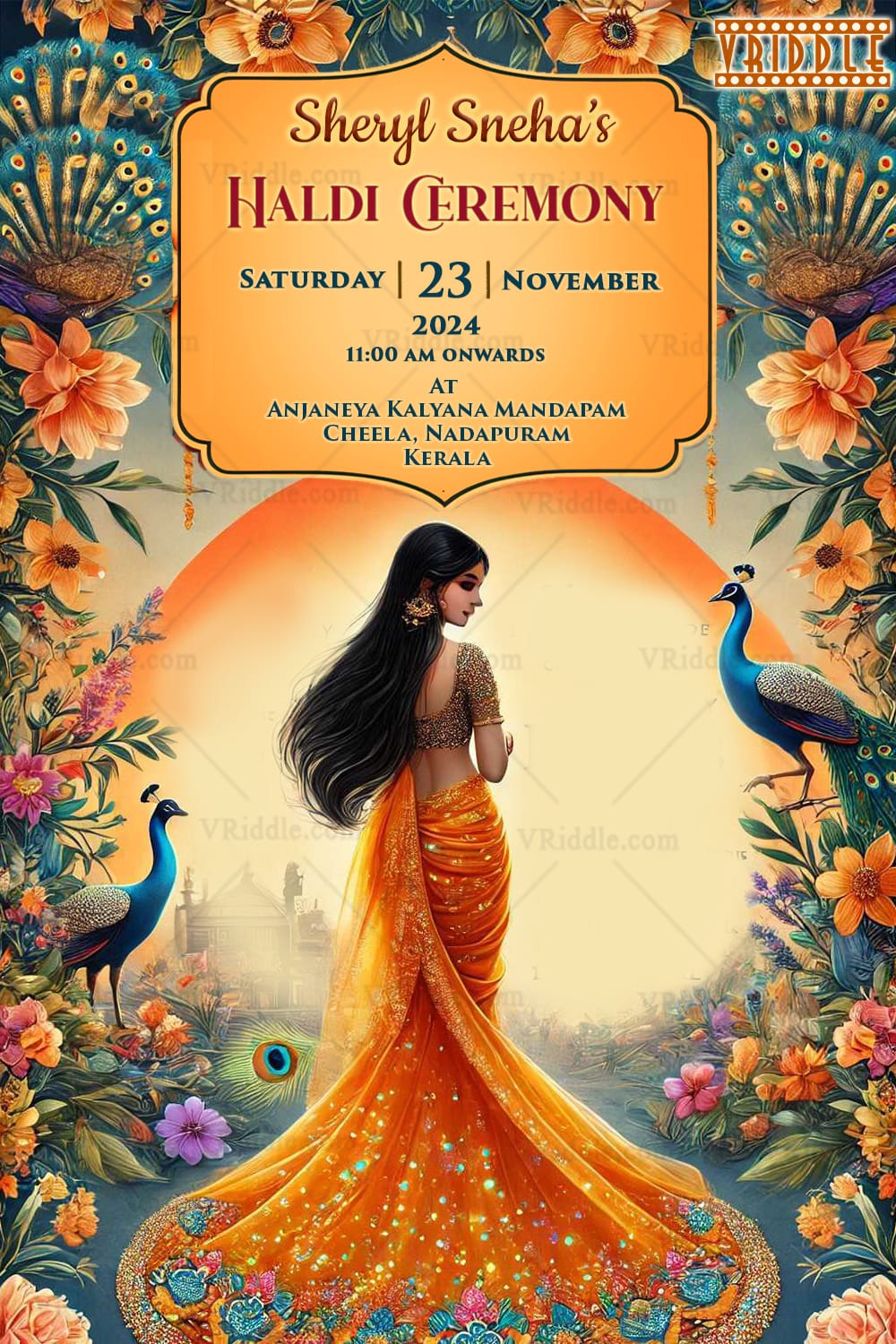 Vibrant Haldi Ceremony Invitation with Peacock Theme and Floral Background