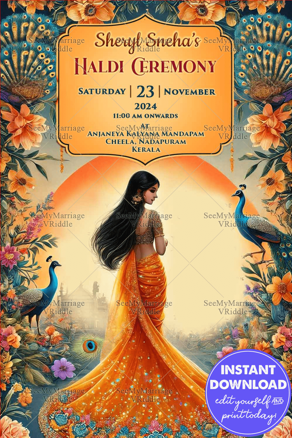 Vibrant Haldi Ceremony Invitation with Peacock Theme and Floral Background