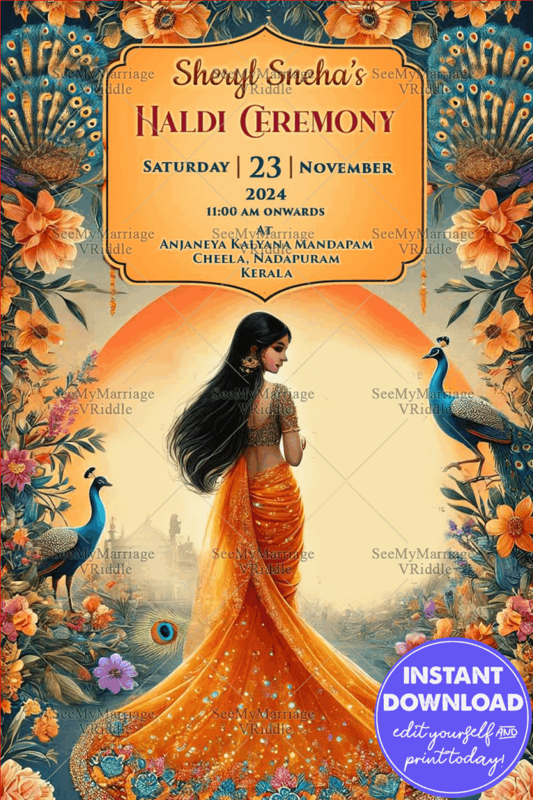 Vibrant Haldi Ceremony Invitation with Peacock Theme and Floral Background