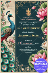 Vibrant Half Saree Ceremony Invitation with Peacock and Lotus Theme Background