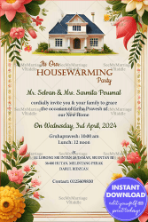 Vibrant Housewarming invitation with Floral Theme and Golden Frame Background