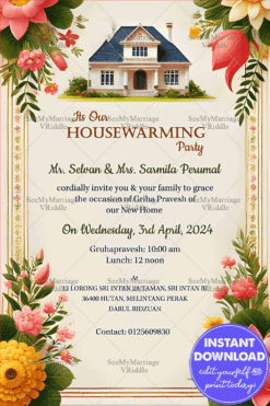 Vibrant Housewarming invitation with Floral Theme and Golden Frame Background
