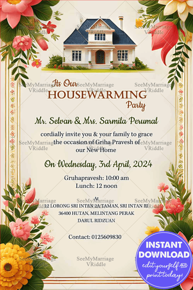 Vibrant Housewarming invitation with Floral Theme and Golden Frame Background
