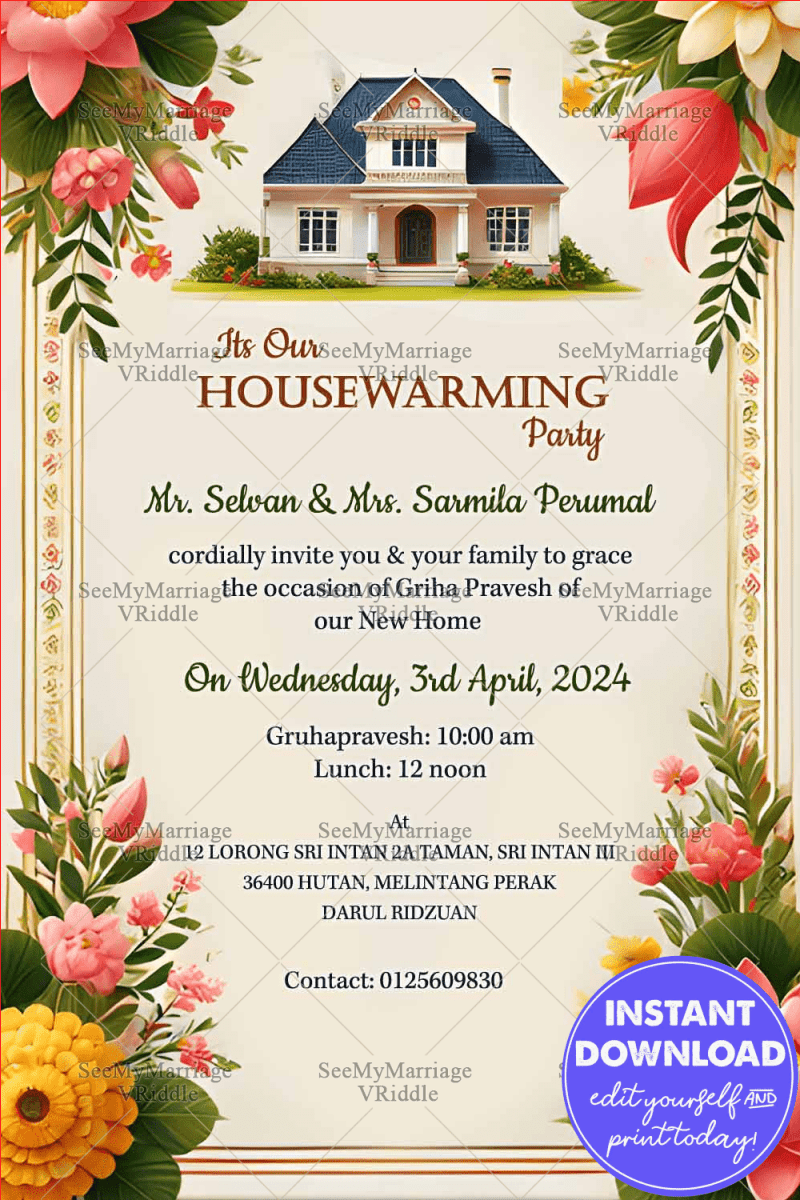 Vibrant Housewarming invitation with Floral Theme and Golden Frame