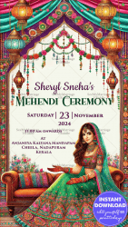 Vibrant Mehendi Ceremony Invitation with White Theme Background and Lanterns Decor Background