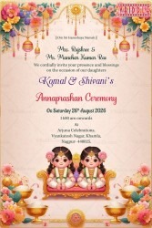Vibrant Twin Girls Annaprashan Ceremony Invitation with Cartoon Illustration and Pink Theme Background