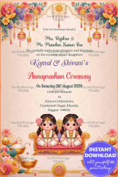 Vibrant Twin Girls Annaprashan Ceremony Invitation with Cartoon Illustration and Pink Theme Background