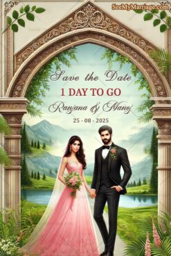 Vintage Arch Wedding Countdown Invitation Card with Serene Lake Background
