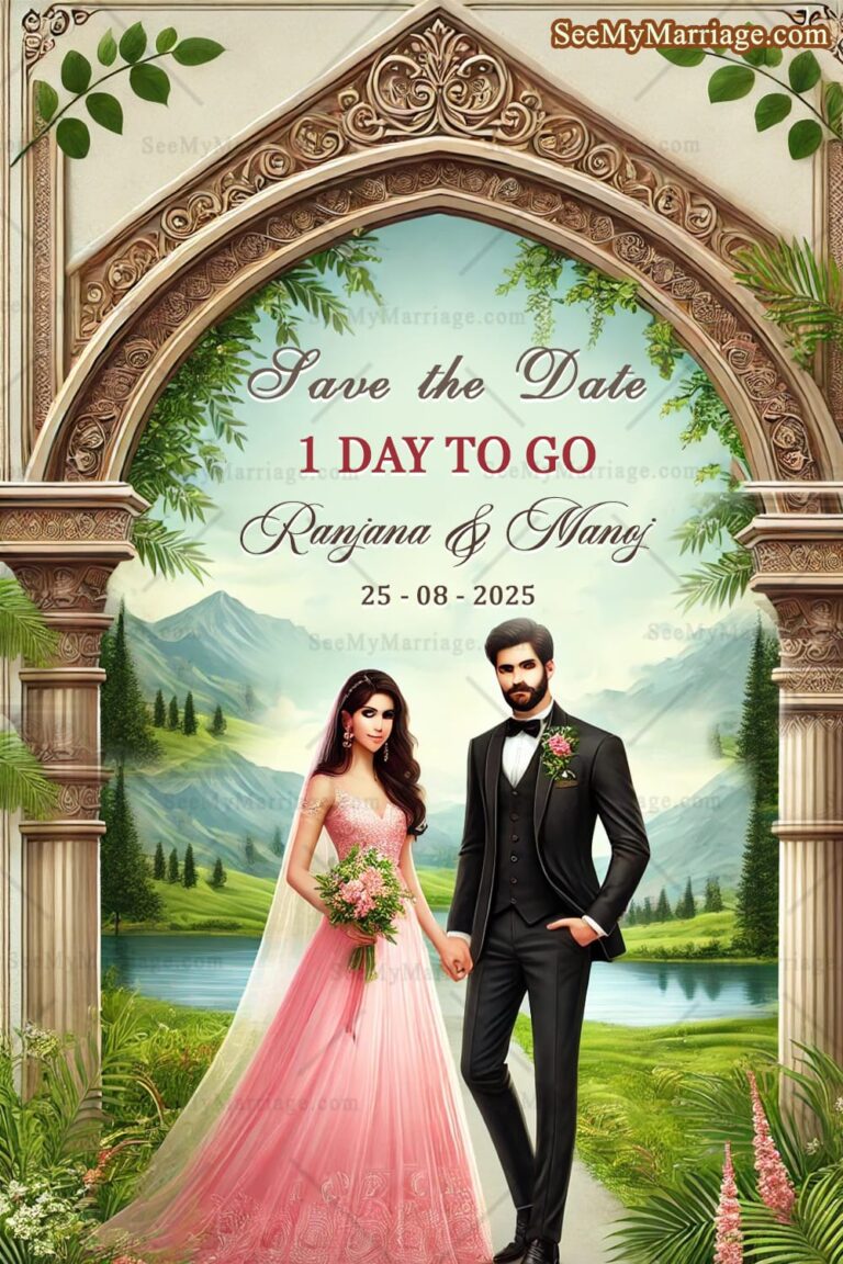Vintage Arch Wedding Countdown Invitation Card with Serene Lake Background