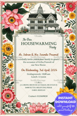 Western Style Mansion Theme Housewarming Invitation with Cream Color and Simple Floral Background
