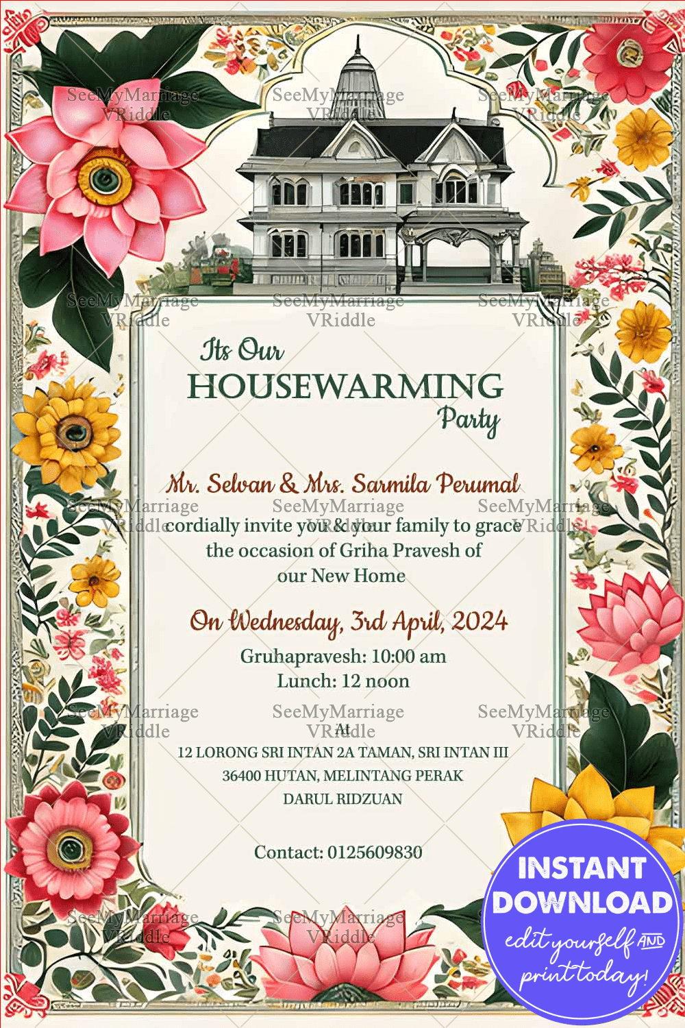Western Style Mansion Theme Housewarming Invitation with Cream Color and Simple Floral Background