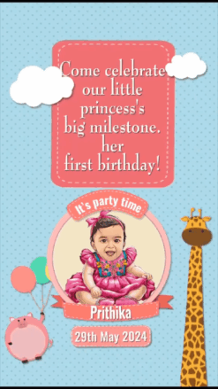 Whimsical First Birthday Celebration Invitation Video with Cartoon Theme Background