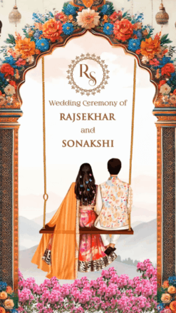 Beautiful Swing Theme Wedding Invitation Video with Digital Cartoon Couple Background