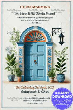 Simple Blue Door Theme Housewarming Invitation with Archway Design and Greenery for a Warm Welcome