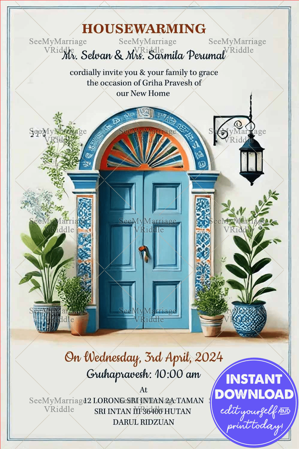 Simple Blue Door Theme Housewarming Invitation with Archway Design and Greenery for a Warm Welcome