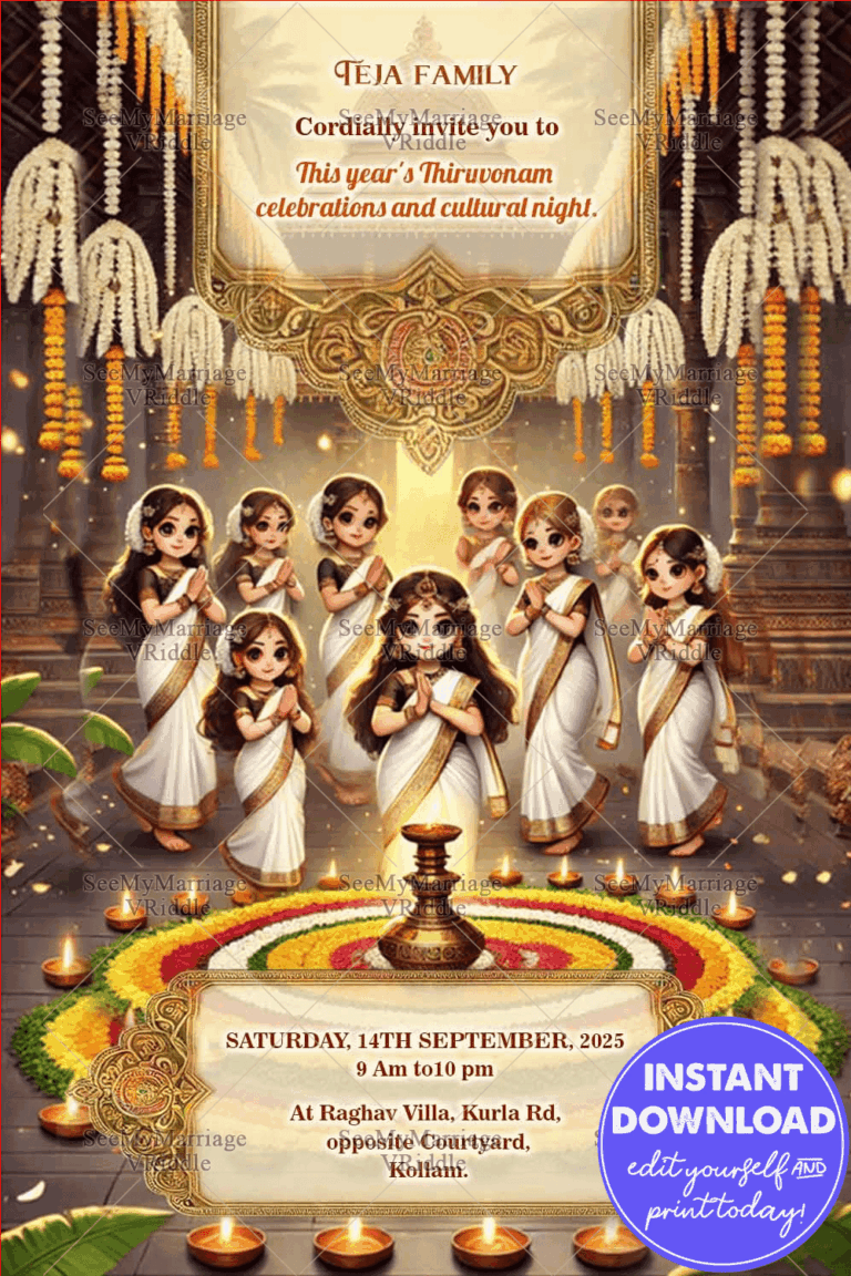 Traditional Onam Thiruvonam Celebrations Invitation Card with Kerala Theme Cartoon Characters