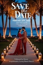 Tropical Elegance Beachside Wedding Save the Date with Lantern Pathway