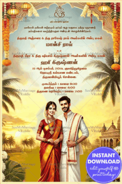 Sunset Bliss Traditional Tamil Wedding Invitation Card with Couple Illustration Background