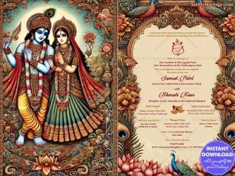 Beautiful Kalamkari Art Wedding Invitation Card with Radha Krishna Theme and Ornate Borders-