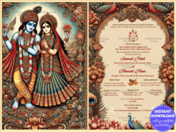 Beautiful Kalamkari Art Wedding Invitation Card with Radha Krishna Theme and Ornate Borders