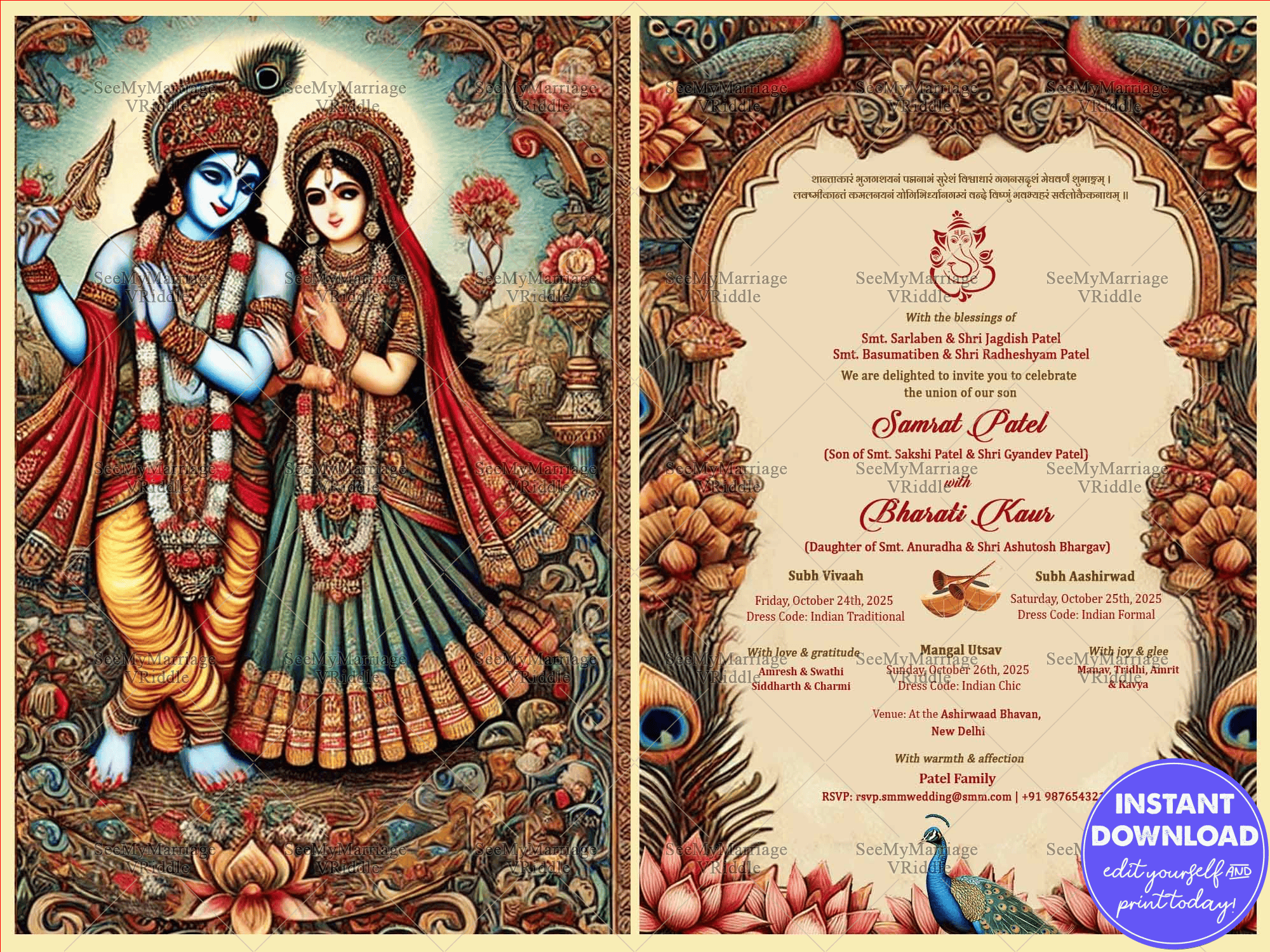 Beautiful Kalamkari Art Wedding Invitation Card with Radha Krishna Theme and Ornate Borders