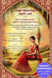 Beautiful Malayalam Half Saree Ceremony Invitation with Scenic Swing Theme and Sunset Background