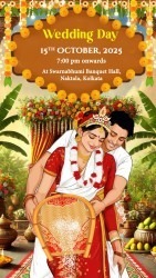 Bengali Wedding Invitation Video with Joyful Couple Illustration and Floral Decor Theme Background