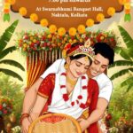Bengali Wedding Invitation Video with Joyful Couple Illustration and Floral Decor Theme Background