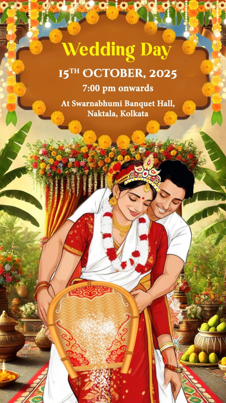 Bengali Wedding Invitation Video with Joyful Couple Illustration and Floral Decor Theme Background