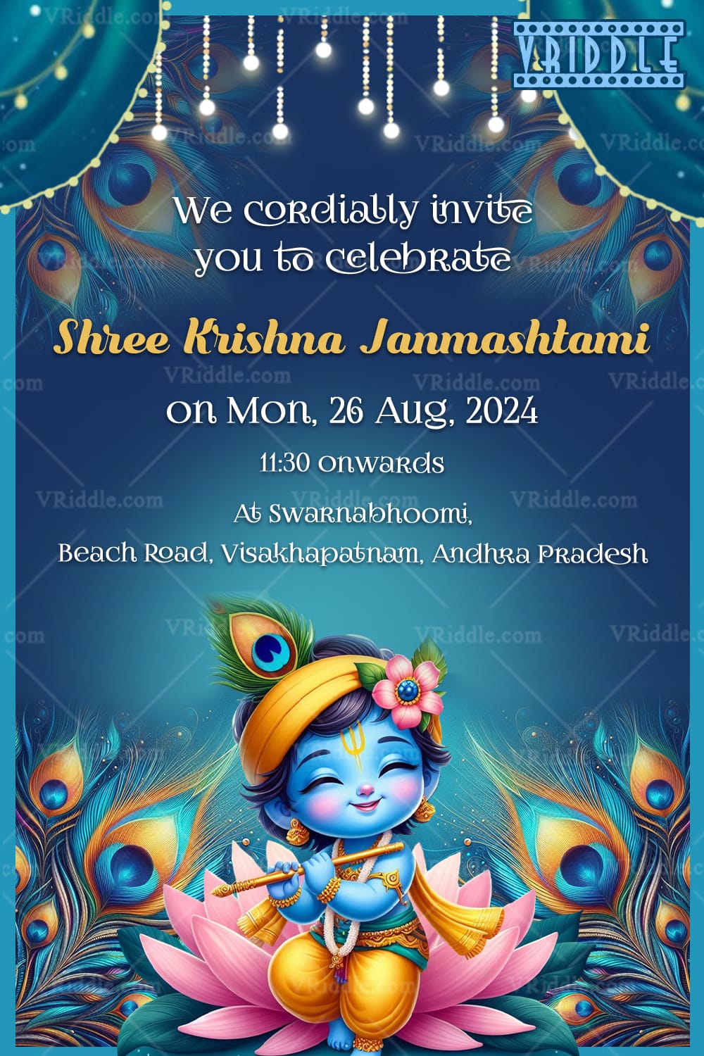 Blue Theme Krishna Janmashtami Invitation with Baby Krishna Illustration and Lotus Seat Background