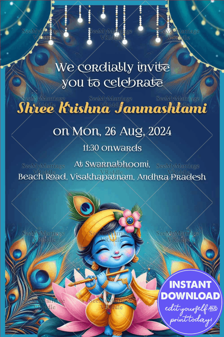 Blue Theme Krishna Janmashtami Invitation with Baby Krishna Illustration and Lotus Seat Background