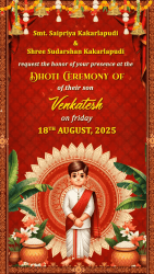 Bright Red Theme Dhoti Ceremony Invitation Video with Cartoon Illustration and Traditional Decor