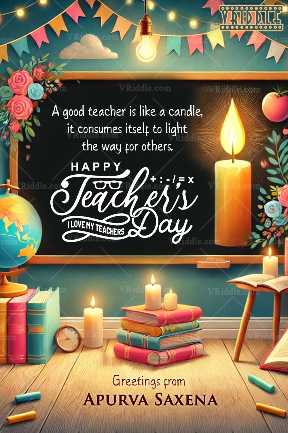 Candlelit Tribute Teacher's Day Greeting Card with Inspirational Quote and Classroom Themed Design