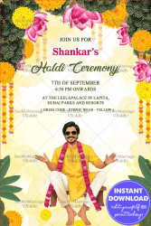 Caricature Theme Haldi Ceremony Invitation Card with Bright Floral Accents Background