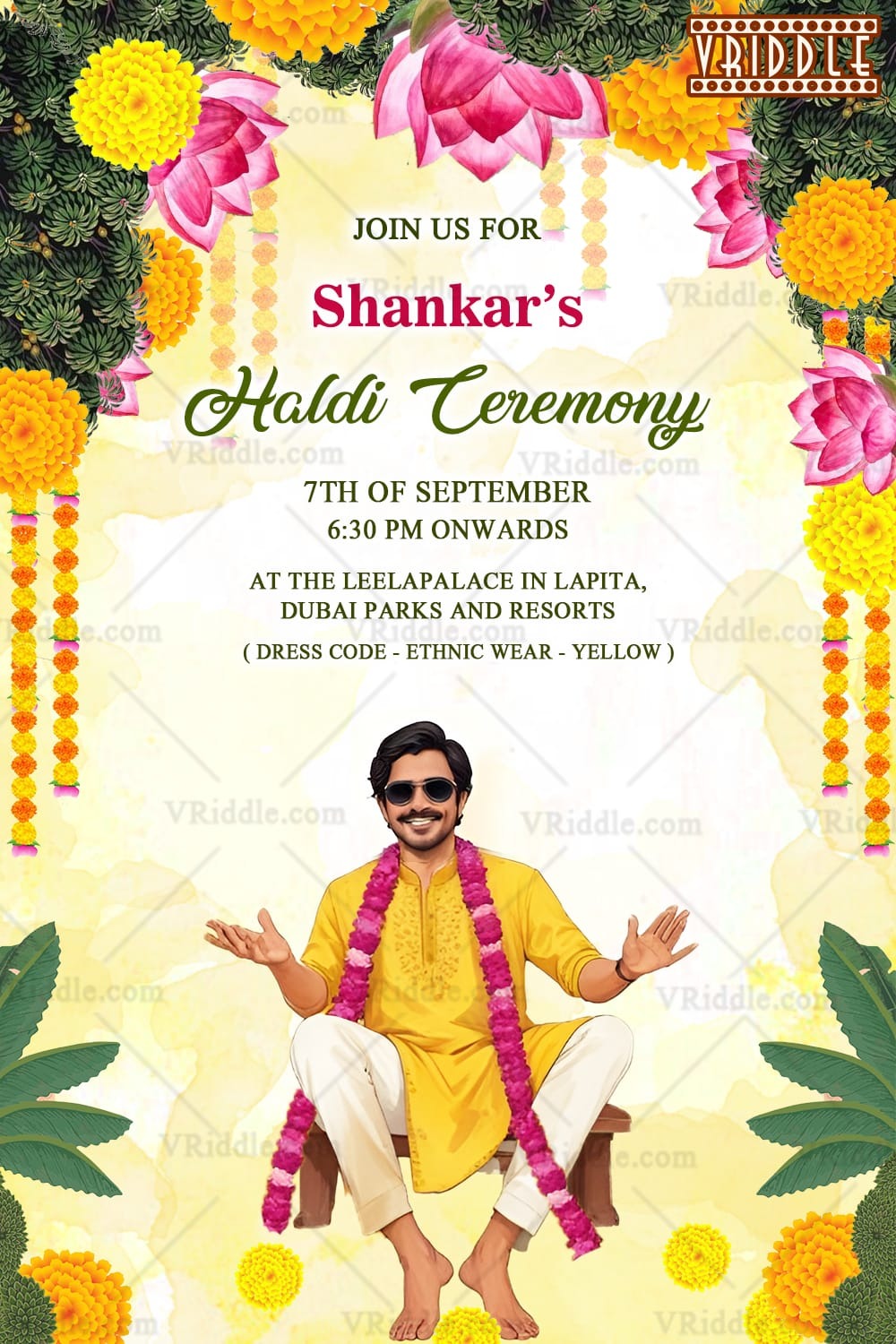 Caricature Theme Haldi Ceremony Invitation Card with Bright Floral Accents Background
