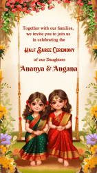 Cartoon Sisters on Swing Half Saree Ceremony Invitation video with Floral Arch Theme Background