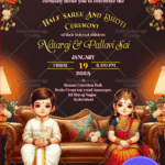 Charming Cartoon Theme Half Saree and Dhoti Ceremony Invitation Card with Floral Accents Background