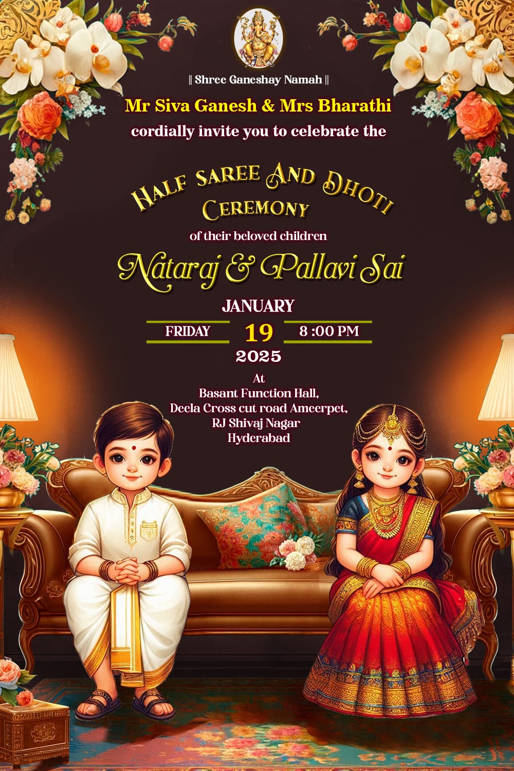 Charming Cartoon Theme Half Saree and Dhoti Ceremony Invitation Card with Floral Accents Background
